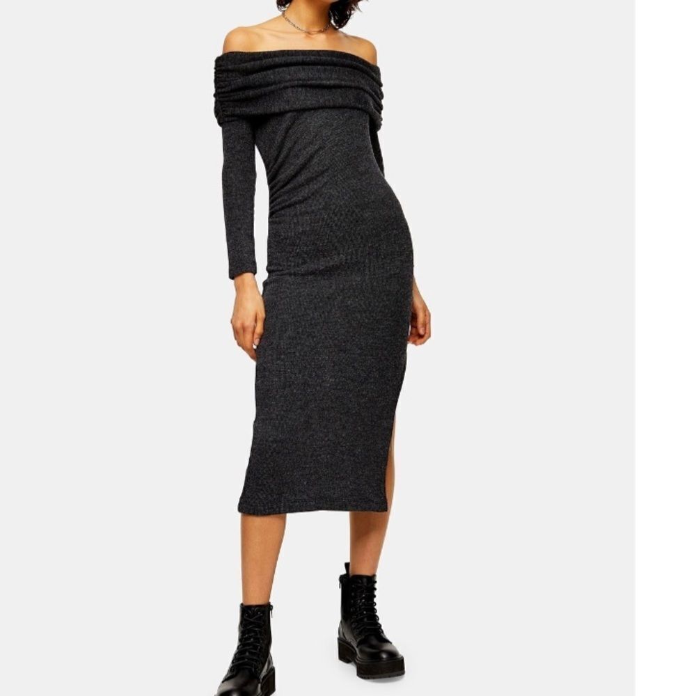 NWT Topshop bardot knitted midi dress in charcoal‎